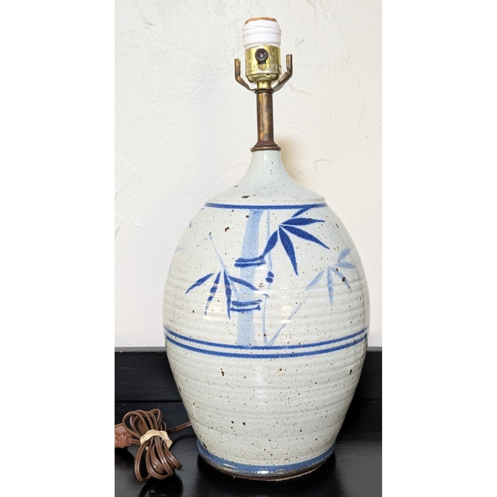 Vtg MCM California Pottery Ceramic Lamp Blue Bamboo Stems W/Speckled Glaze 17"